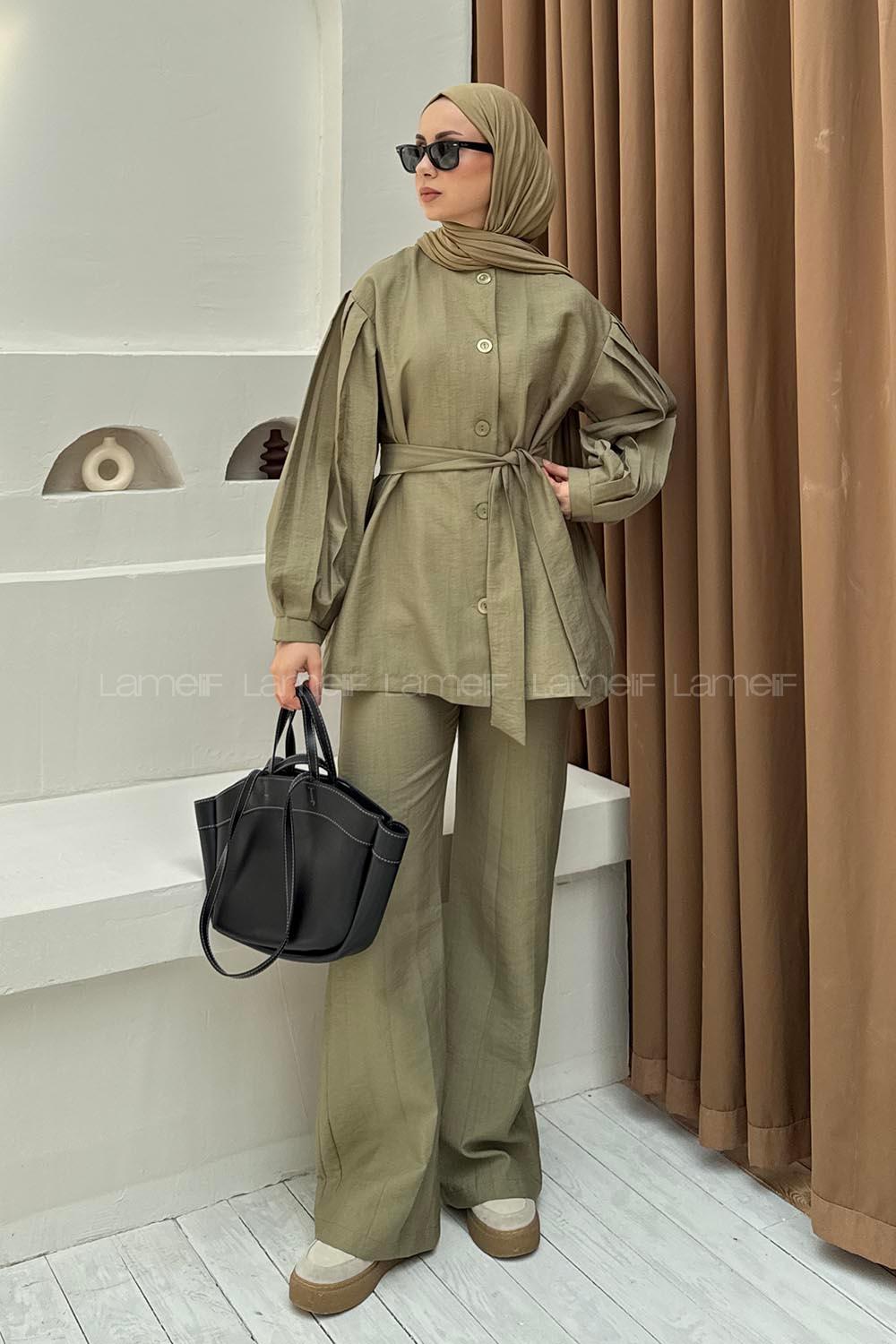 Lamelif Düğmeli Tesettür Takım Yağ Yeşili