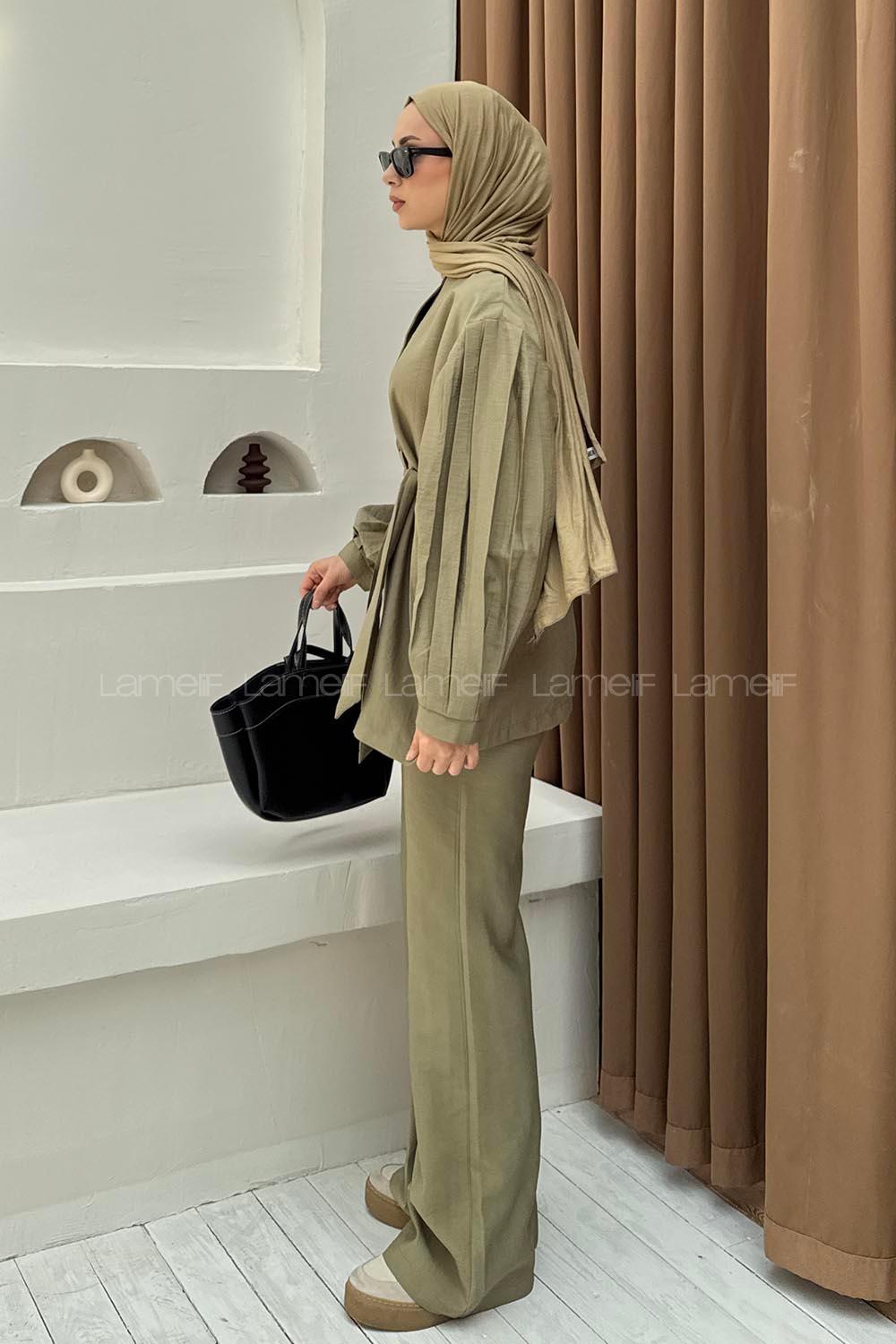 Lamelif Düğmeli Tesettür Takım Yağ Yeşili