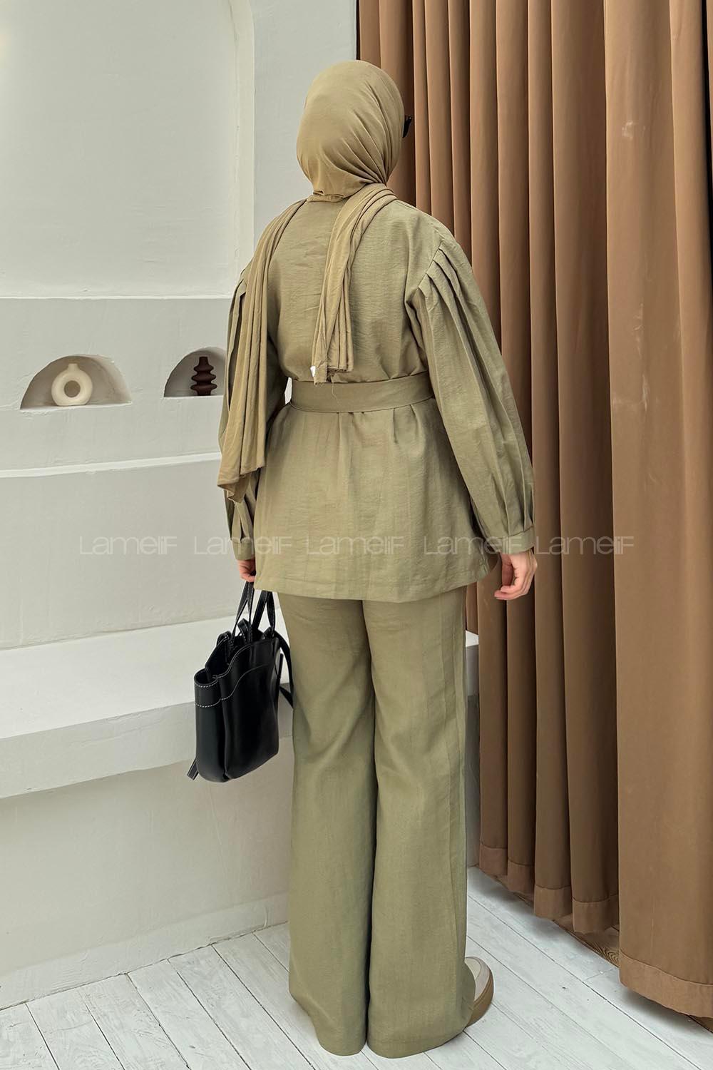 Lamelif Düğmeli Tesettür Takım Yağ Yeşili
