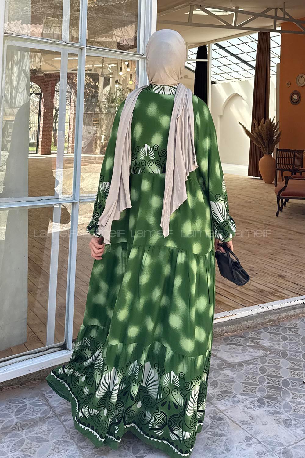Lamelif Düğmeli Yarasa Kol Etnik Desen Tesettür Elbise Yeşil