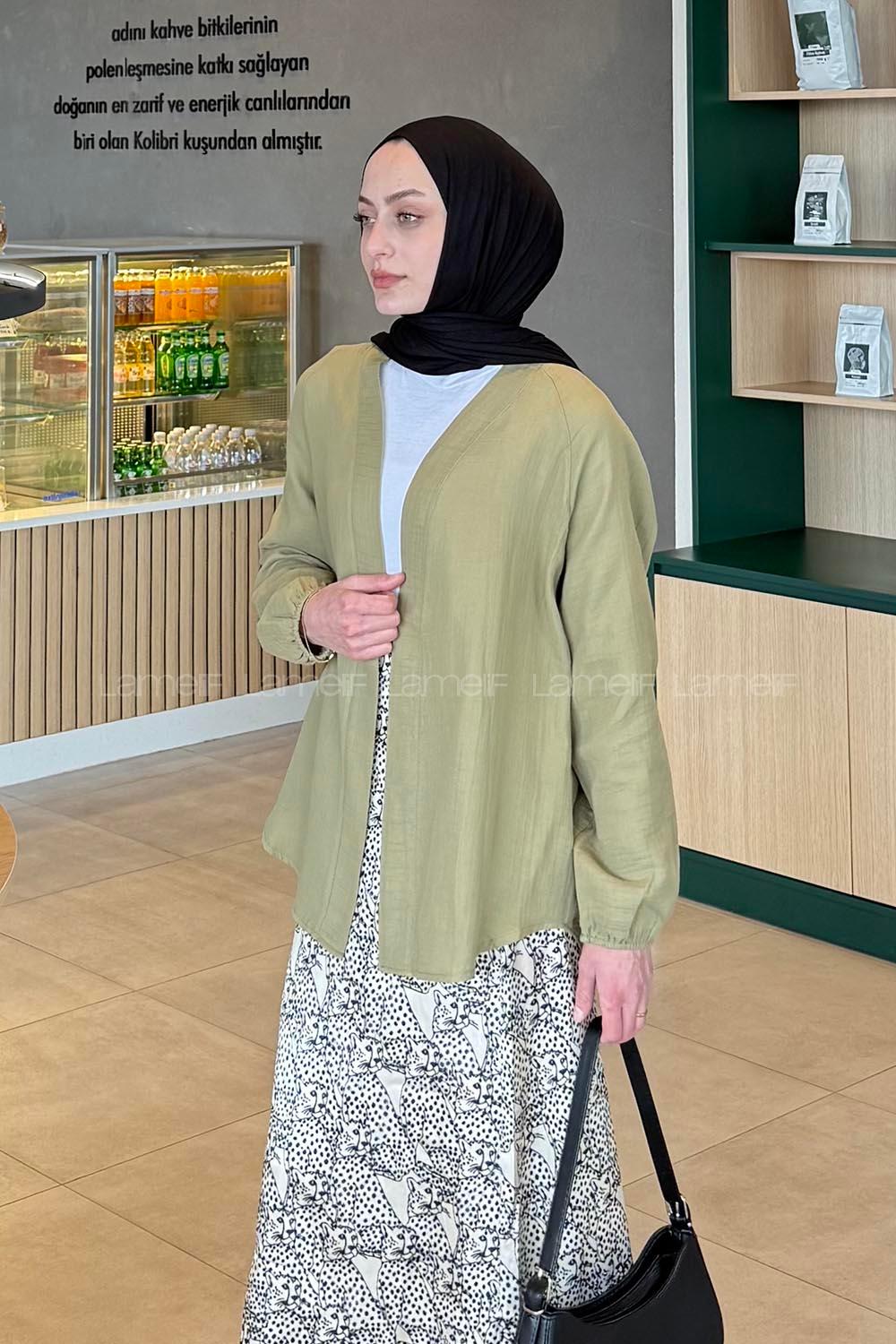 Lamelif Düz Keten Kimono Haki