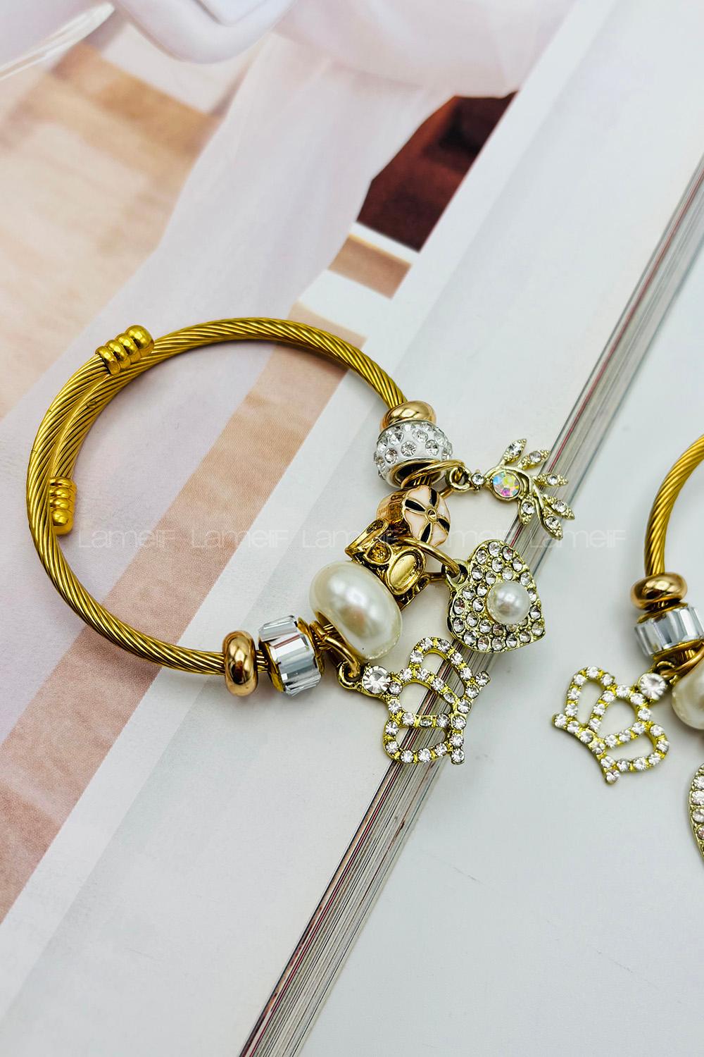 Lamelif Gold İncili Kalp Charm Pandora Bileklik