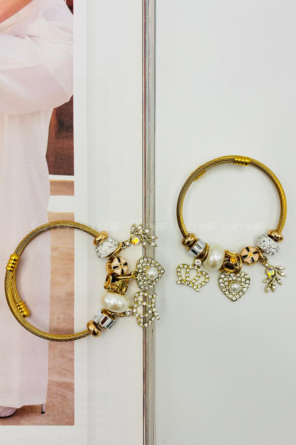 Lamelif Gold İncili Kalp Charm Pandora Bileklik