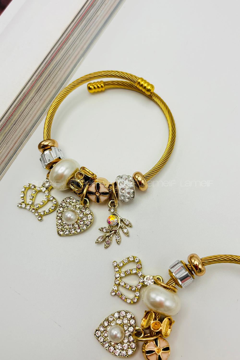 Lamelif Gold İncili Kalp Charm Pandora Bileklik