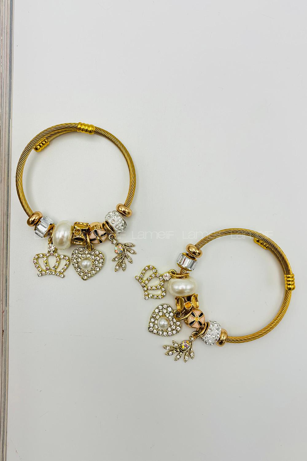 Lamelif Gold İncili Kalp Charm Pandora Bileklik