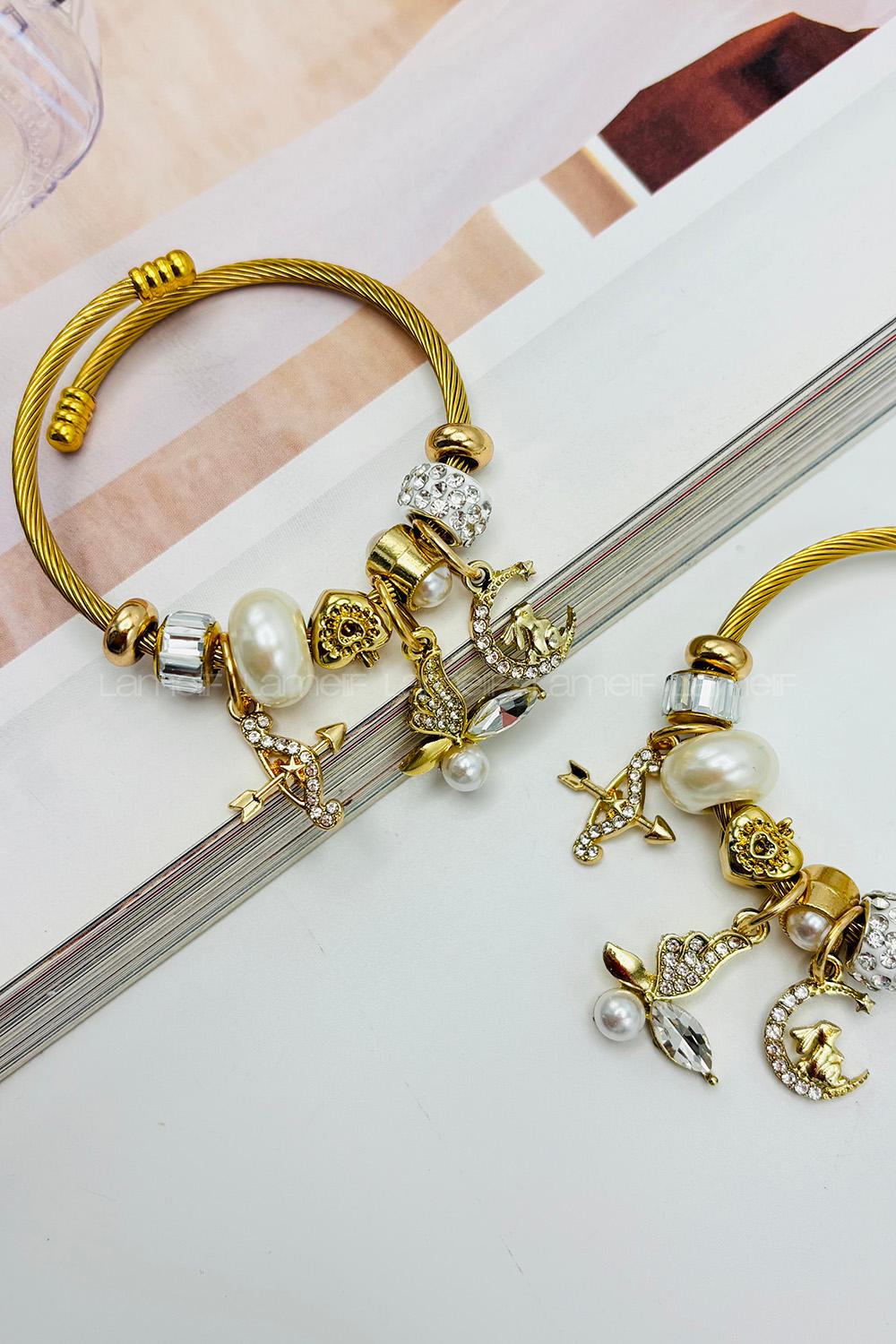 Lamelif Gold İncili Kelebek Charm Pandora Bileklik