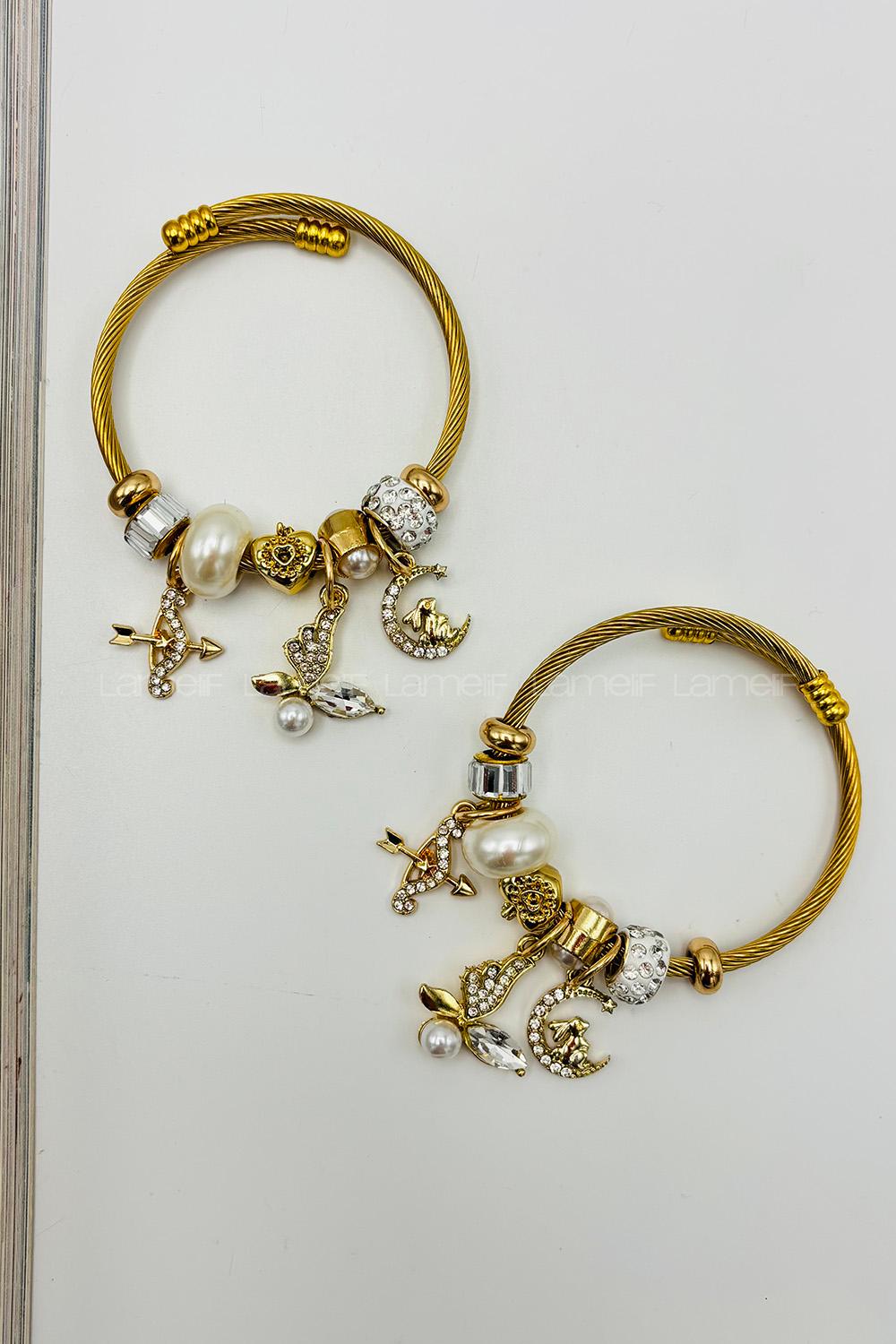 Lamelif Gold İncili Kelebek Charm Pandora Bileklik