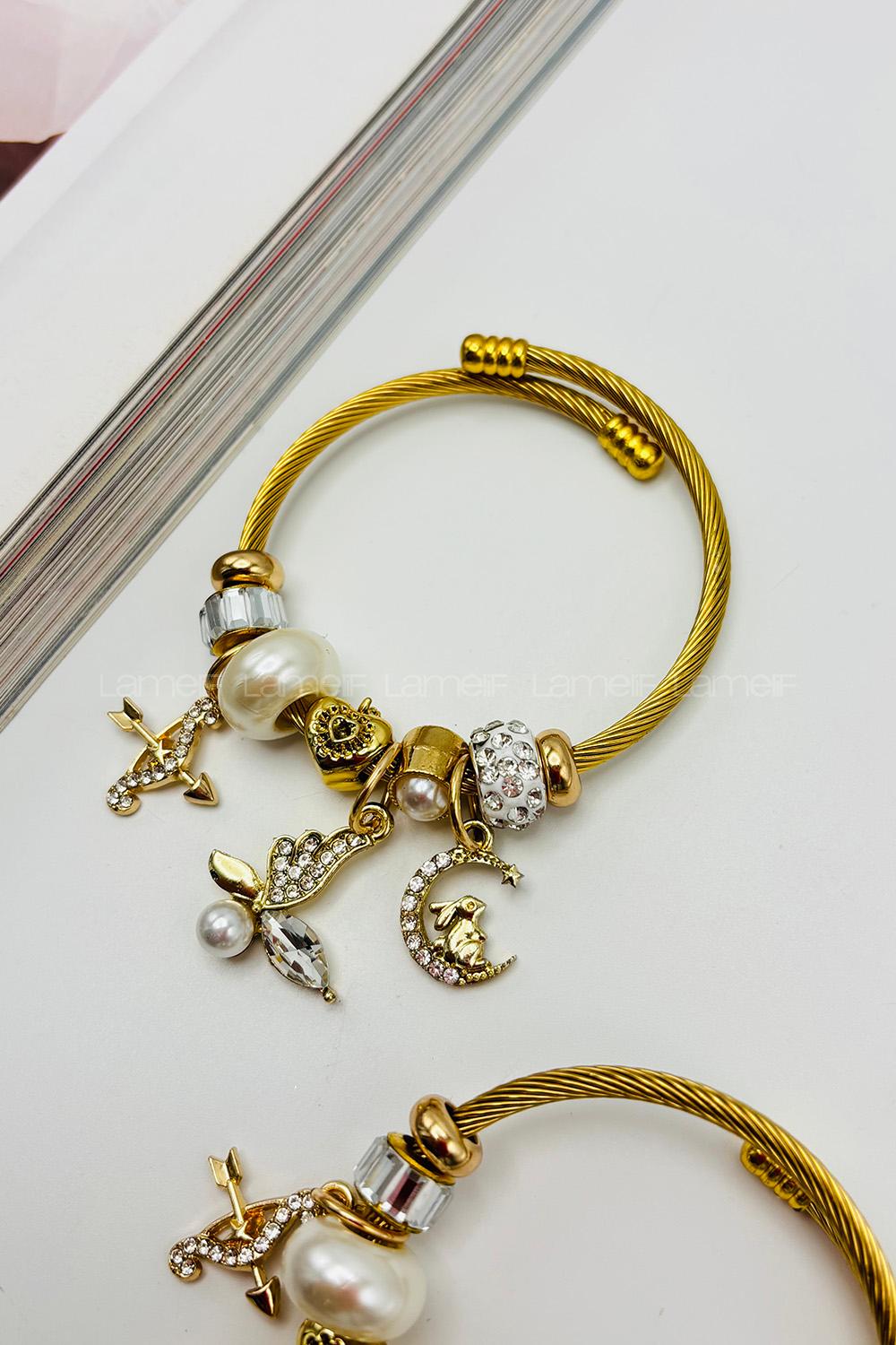 Lamelif Gold İncili Kelebek Charm Pandora Bileklik
