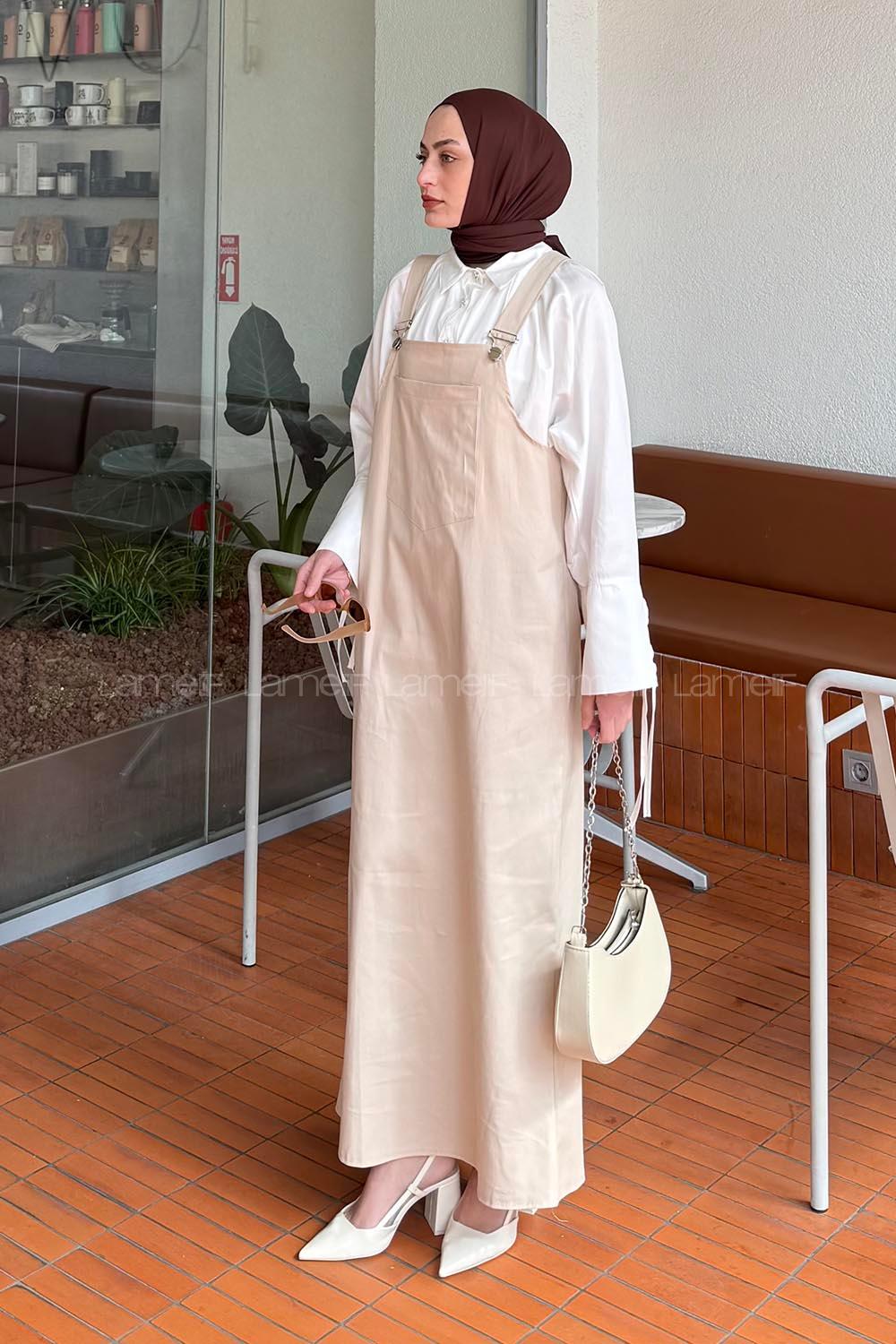Lamelif Kanguru Cepli Tesettür Elbise Bej