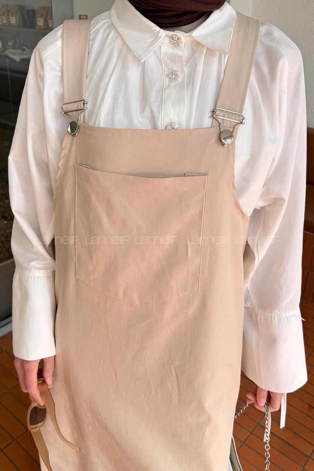 Lamelif Kanguru Cepli Tesettür Elbise Bej