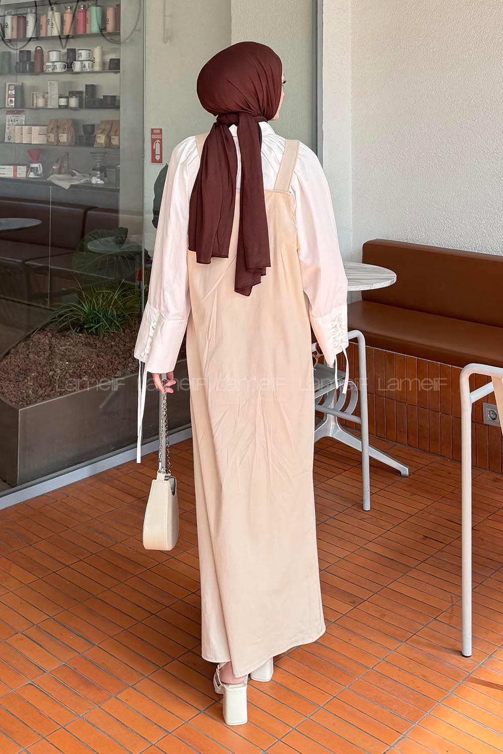Lamelif Kanguru Cepli Tesettür Elbise Bej