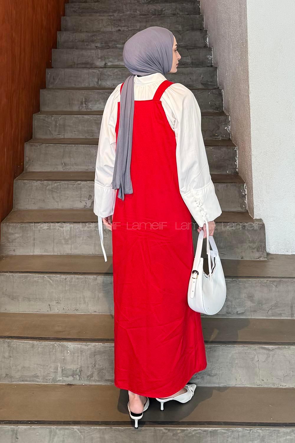 Lamelif Kanguru Cepli Tesettür Elbise Bordo