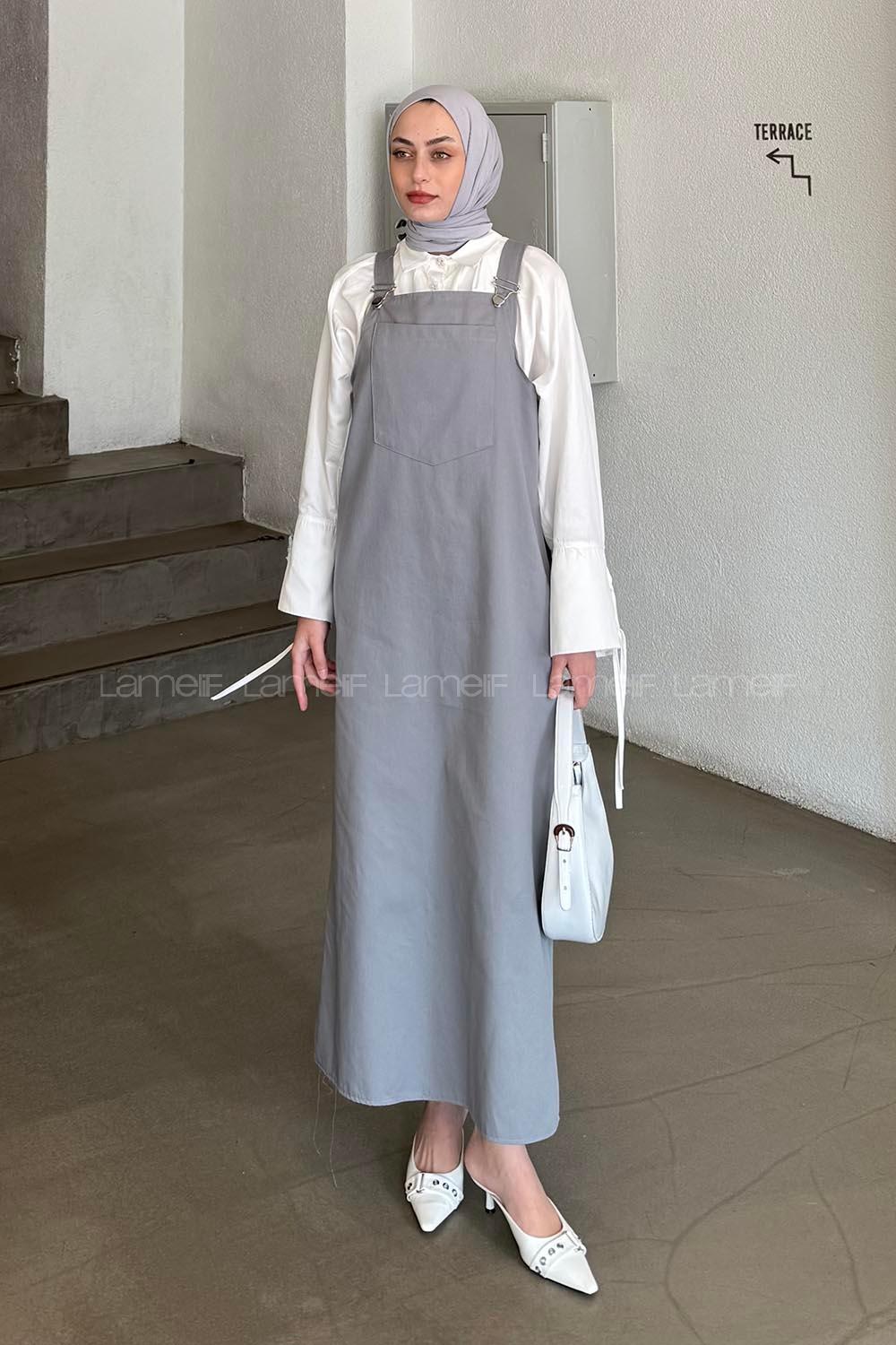 Lamelif Kanguru Cepli Tesettür Elbise Gri