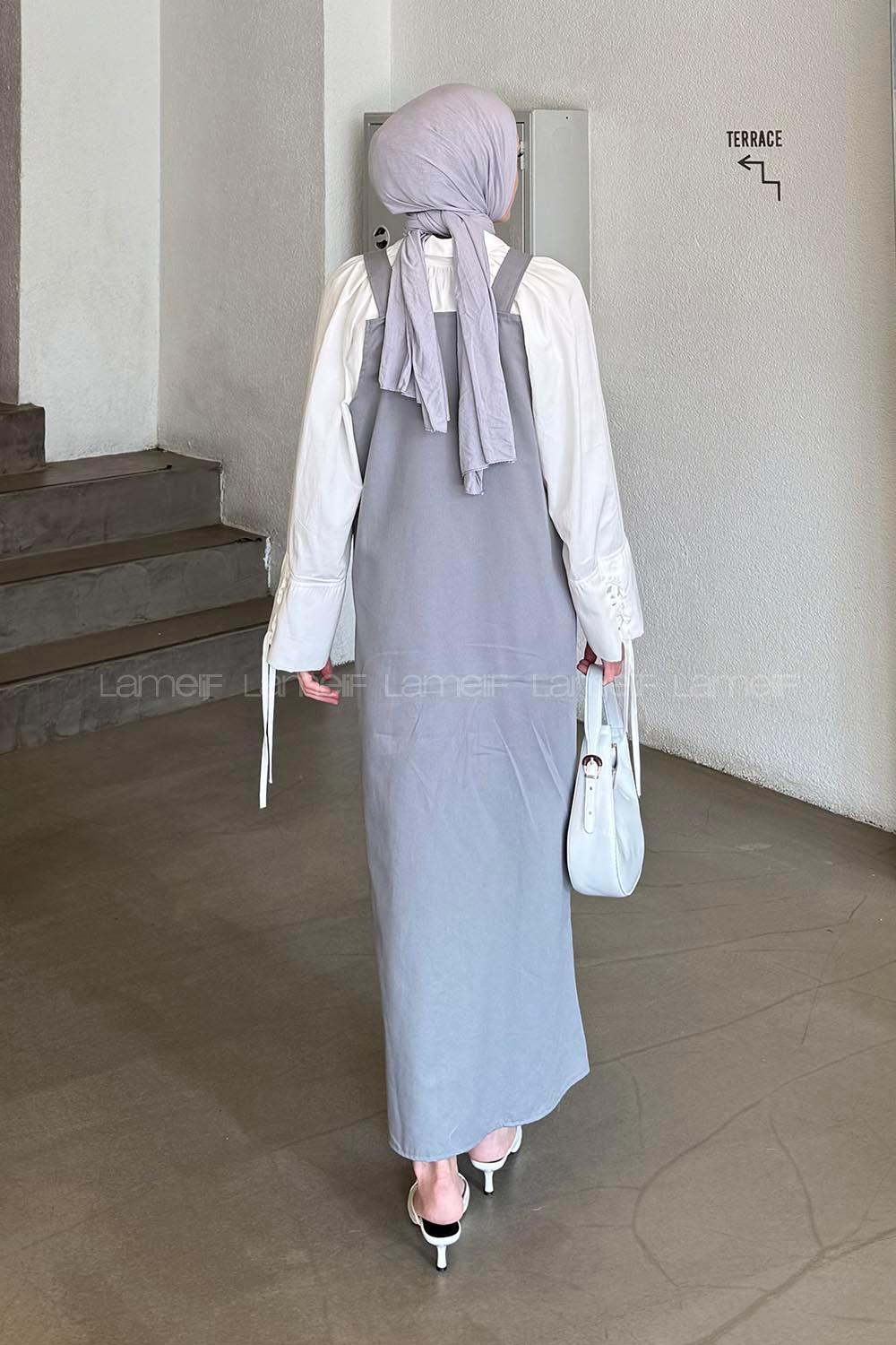 Lamelif Kanguru Cepli Tesettür Elbise Gri