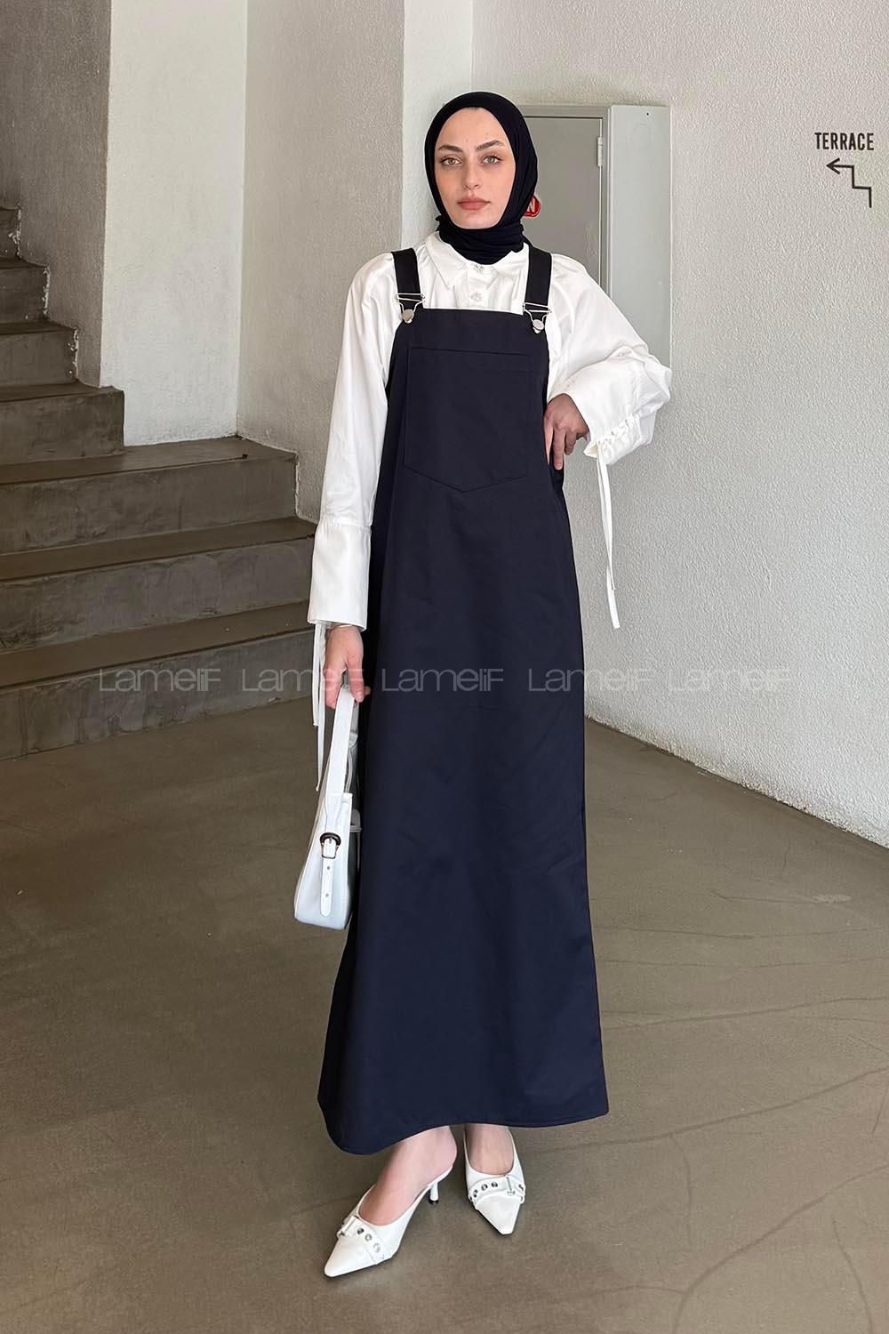 Lamelif Kanguru Cepli Tesettür Elbise Lacivert