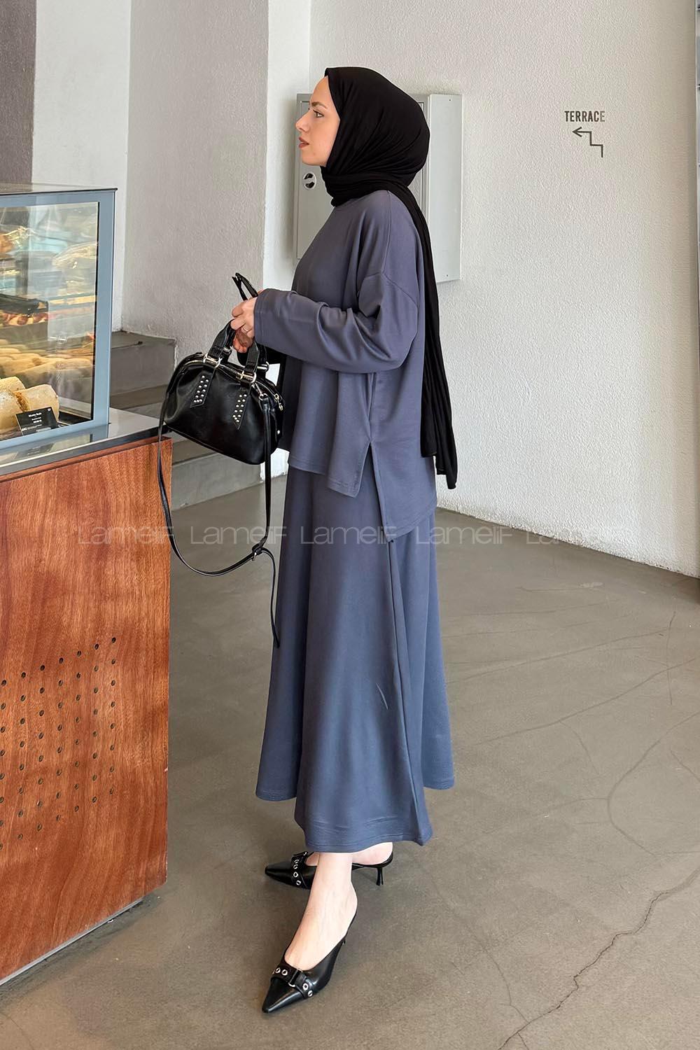 Lamelif Kristal Kloş Etekli Tesettür Takım Antrasit