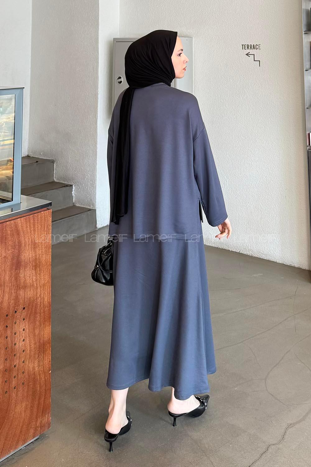 Lamelif Kristal Kloş Etekli Tesettür Takım Antrasit