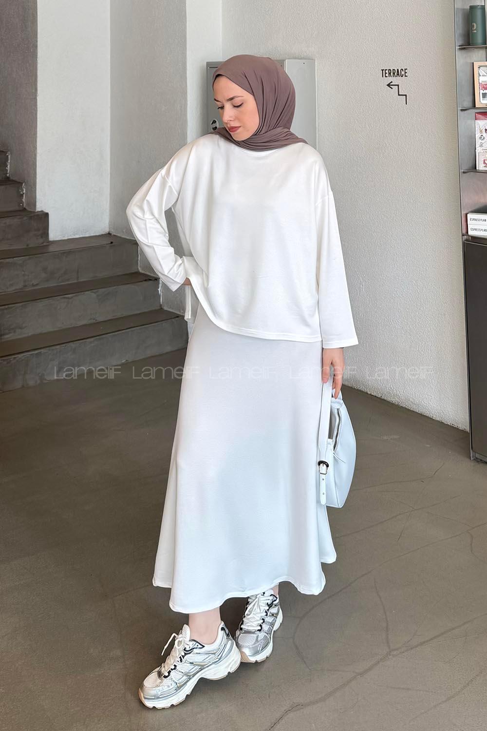 Lamelif Kristal Kloş Etekli Tesettür Takım Beyaz