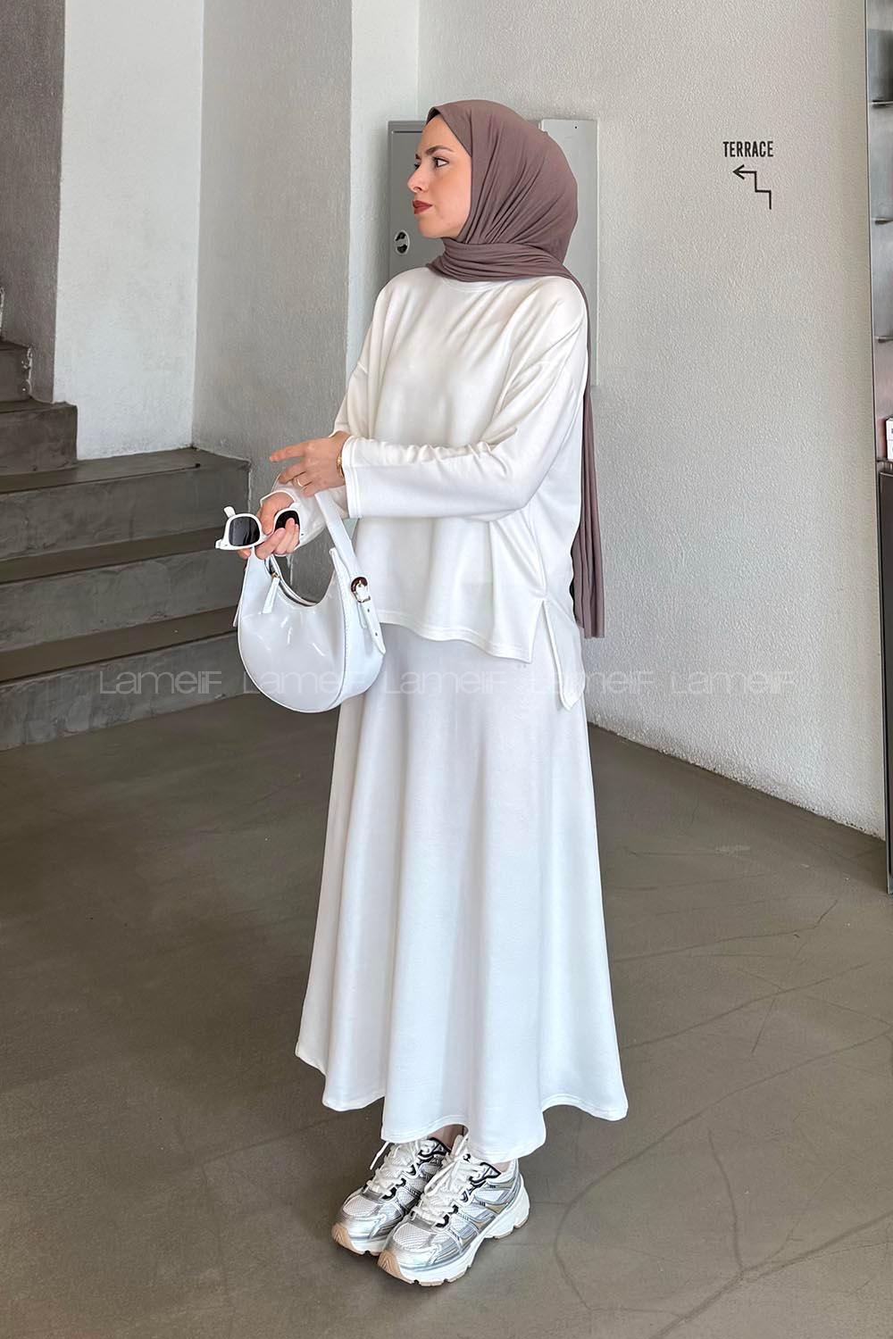 Lamelif Kristal Kloş Etekli Tesettür Takım Beyaz