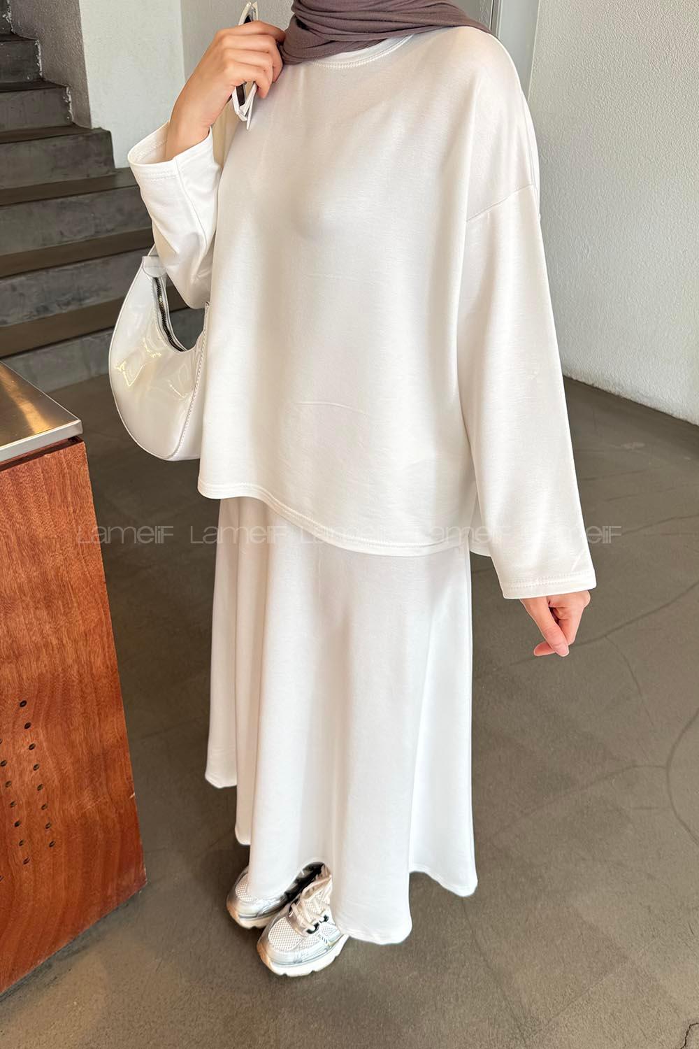 Lamelif Kristal Kloş Etekli Tesettür Takım Beyaz