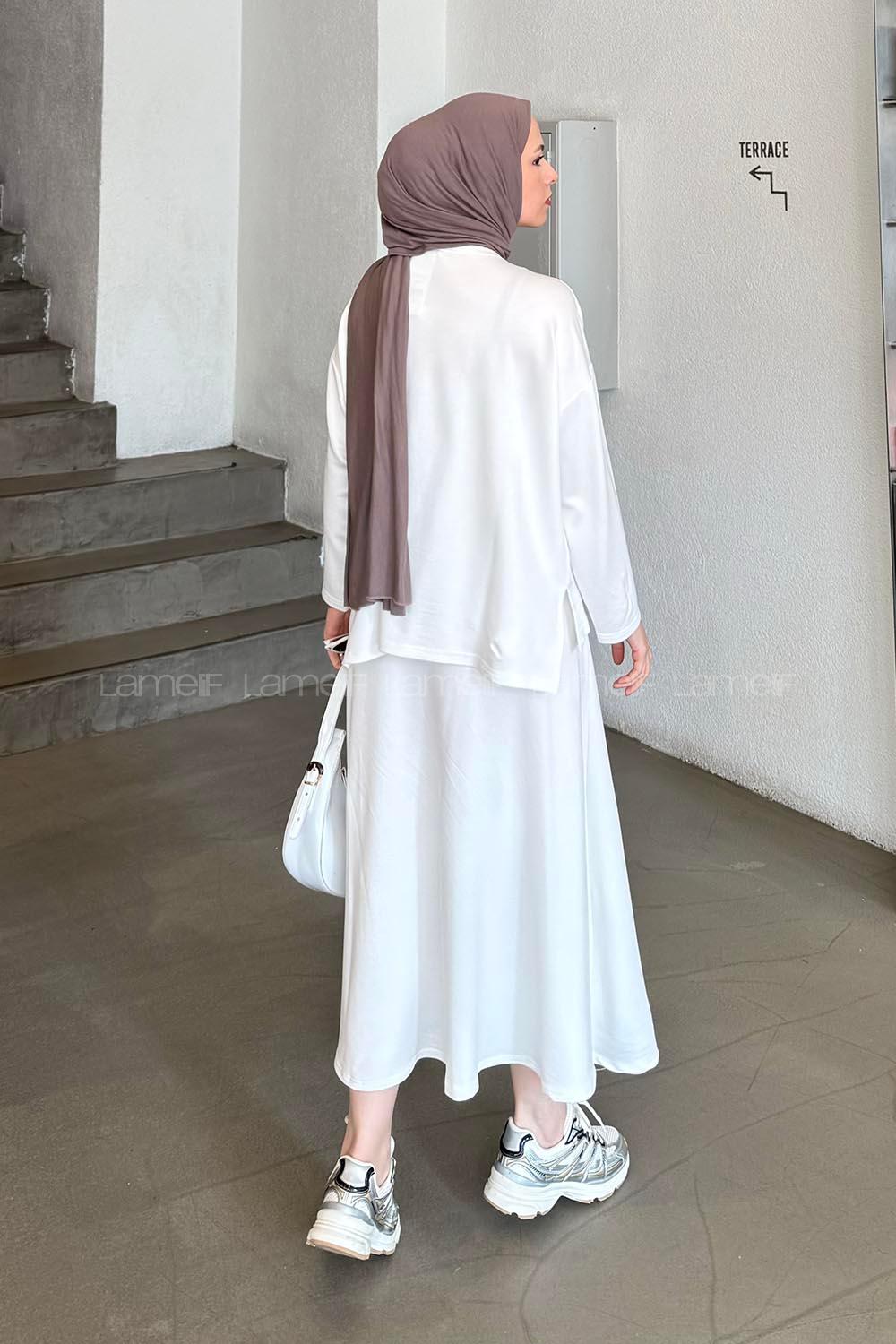 Lamelif Kristal Kloş Etekli Tesettür Takım Beyaz