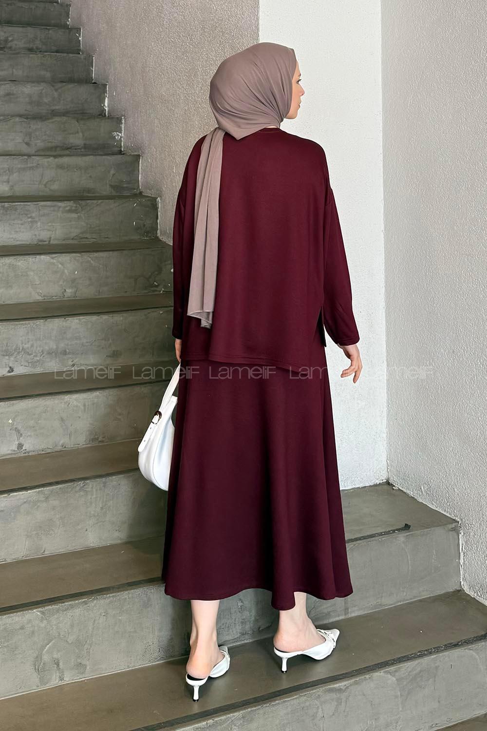 Lamelif Kristal Kloş Etekli Tesettür Takım Bordo