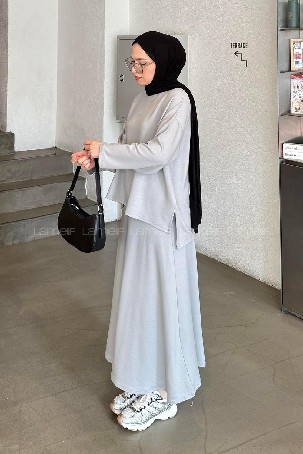 Lamelif Kristal Kloş Etekli Tesettür Takım Gri