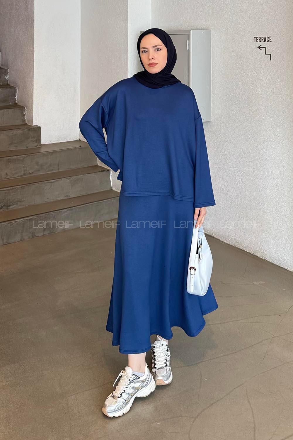 Lamelif Kristal Kloş Etekli Tesettür Takım Lacivert