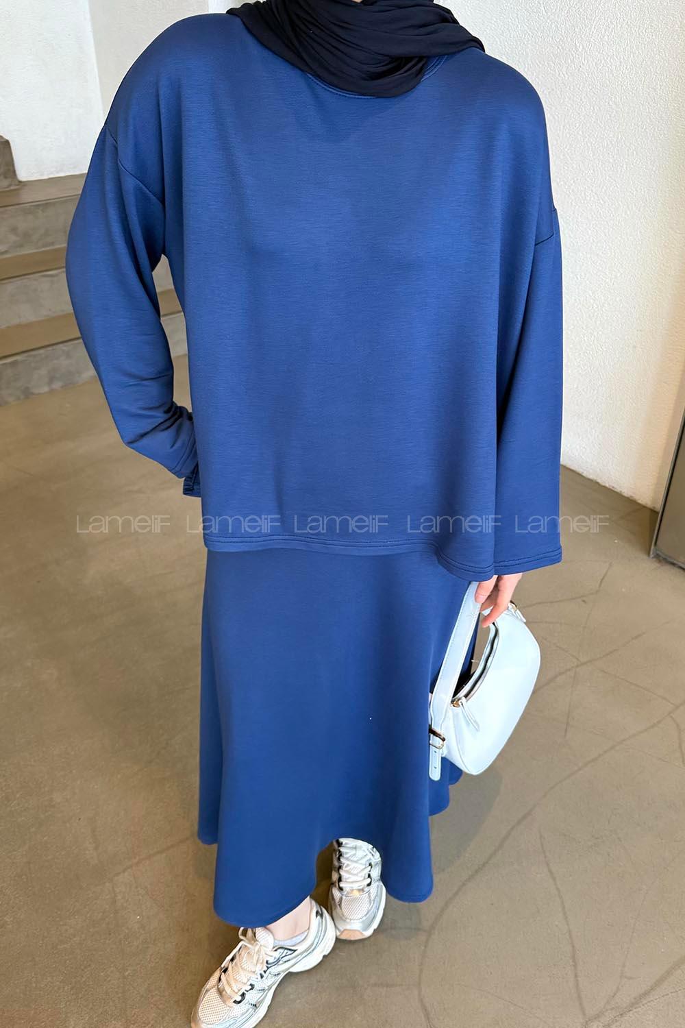 Lamelif Kristal Kloş Etekli Tesettür Takım Lacivert