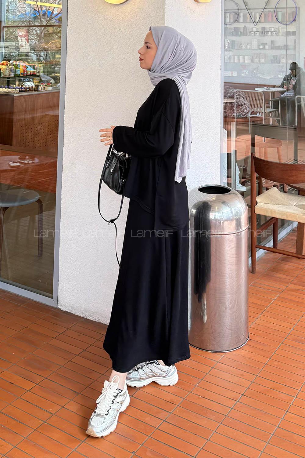 Lamelif Kristal Kloş Etekli Tesettür Takım Siyah