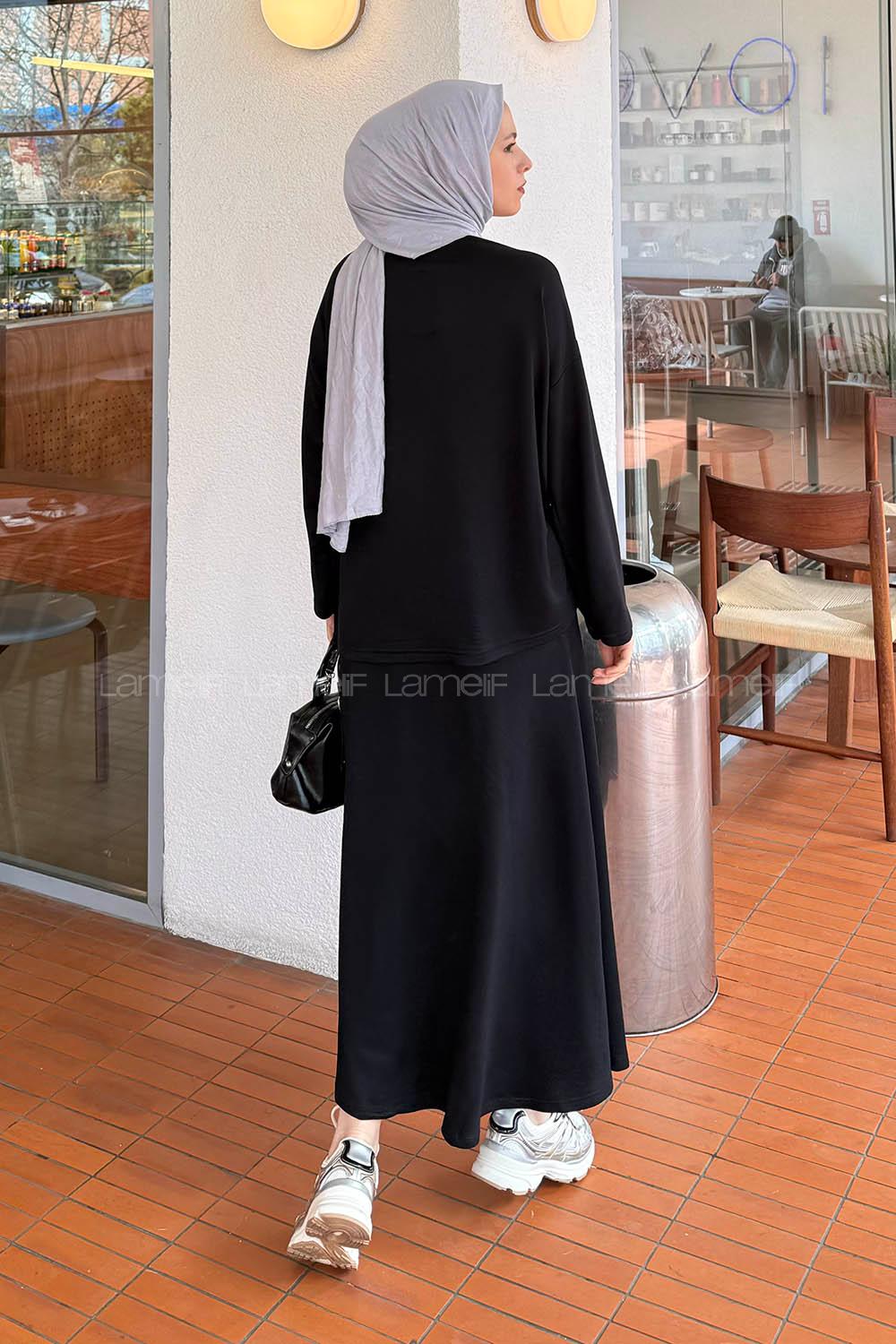 Lamelif Kristal Kloş Etekli Tesettür Takım Siyah