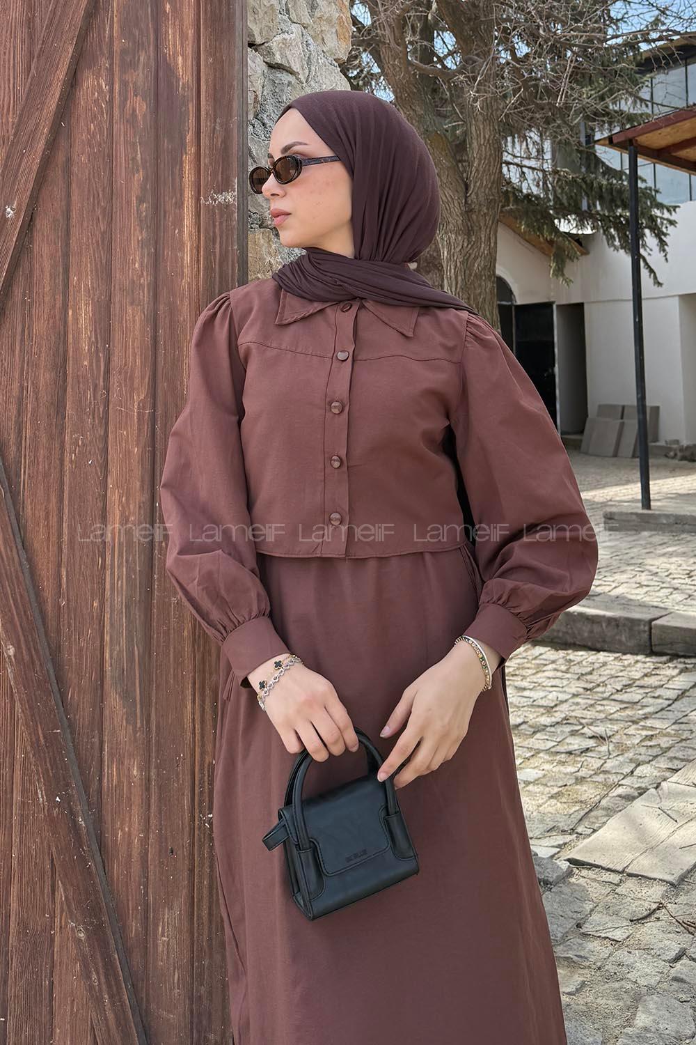 Lamelif Terikoton Tesettür İkili Takım Acı Kahve