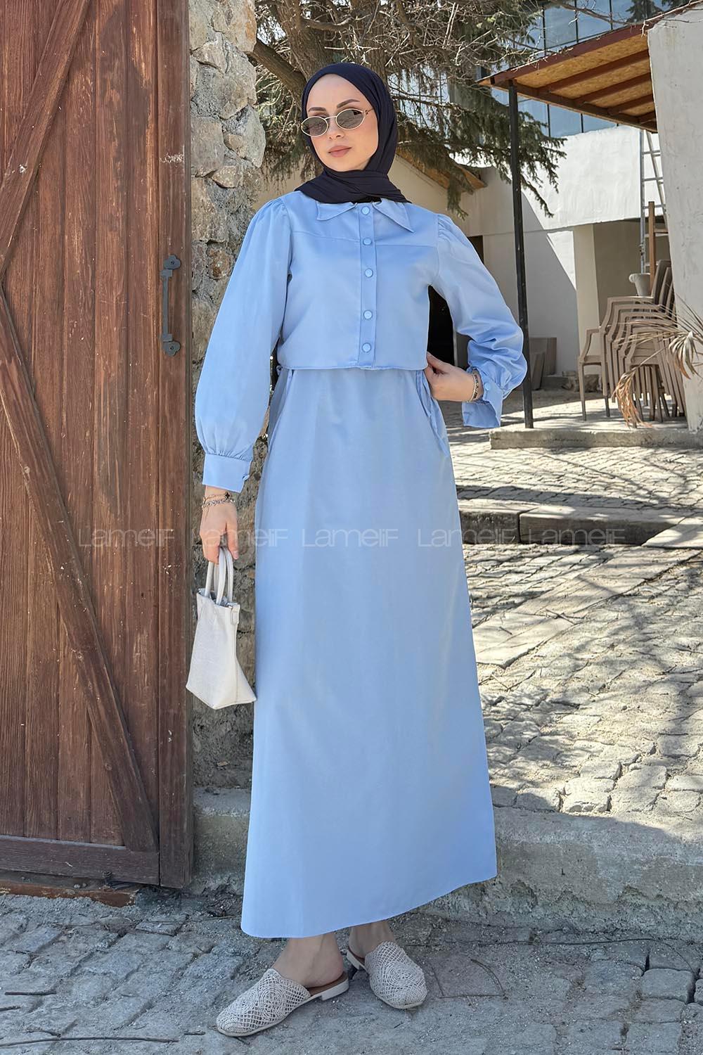 Lamelif Terikoton Tesettür İkili Takım Buz Mavisi