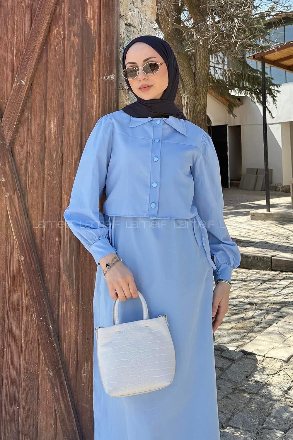 Lamelif Terikoton Tesettür İkili Takım Buz Mavisi