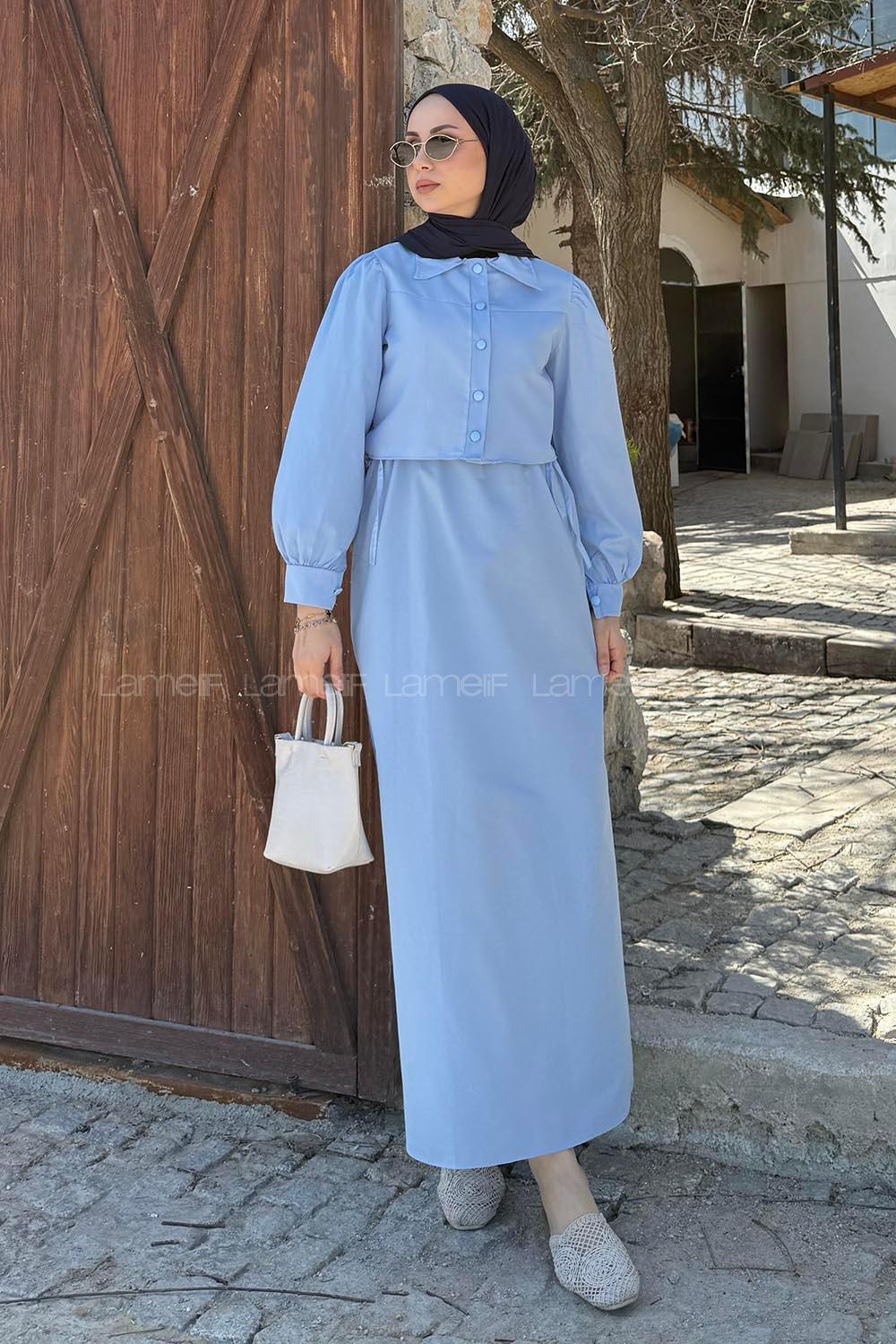 Lamelif Terikoton Tesettür İkili Takım Buz Mavisi