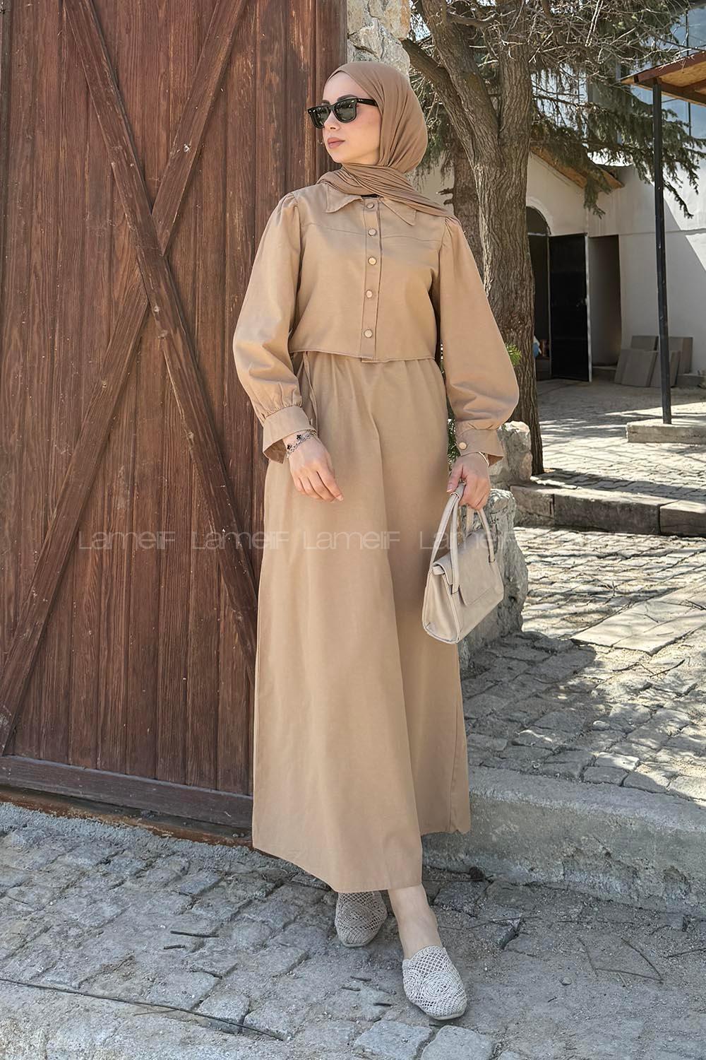 Lamelif Terikoton Tesettür İkili Takım Camel