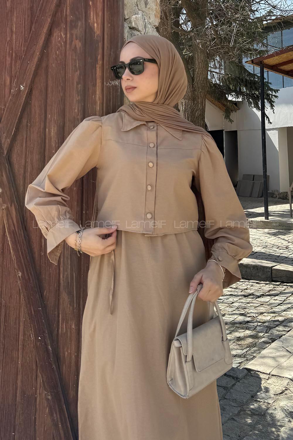 Lamelif Terikoton Tesettür İkili Takım Camel