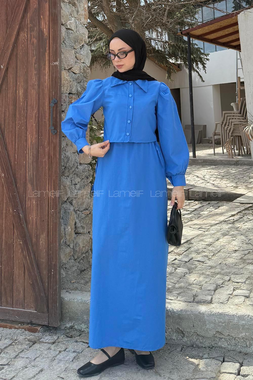 Lamelif Terikoton Tesettür İkili Takım Mavi