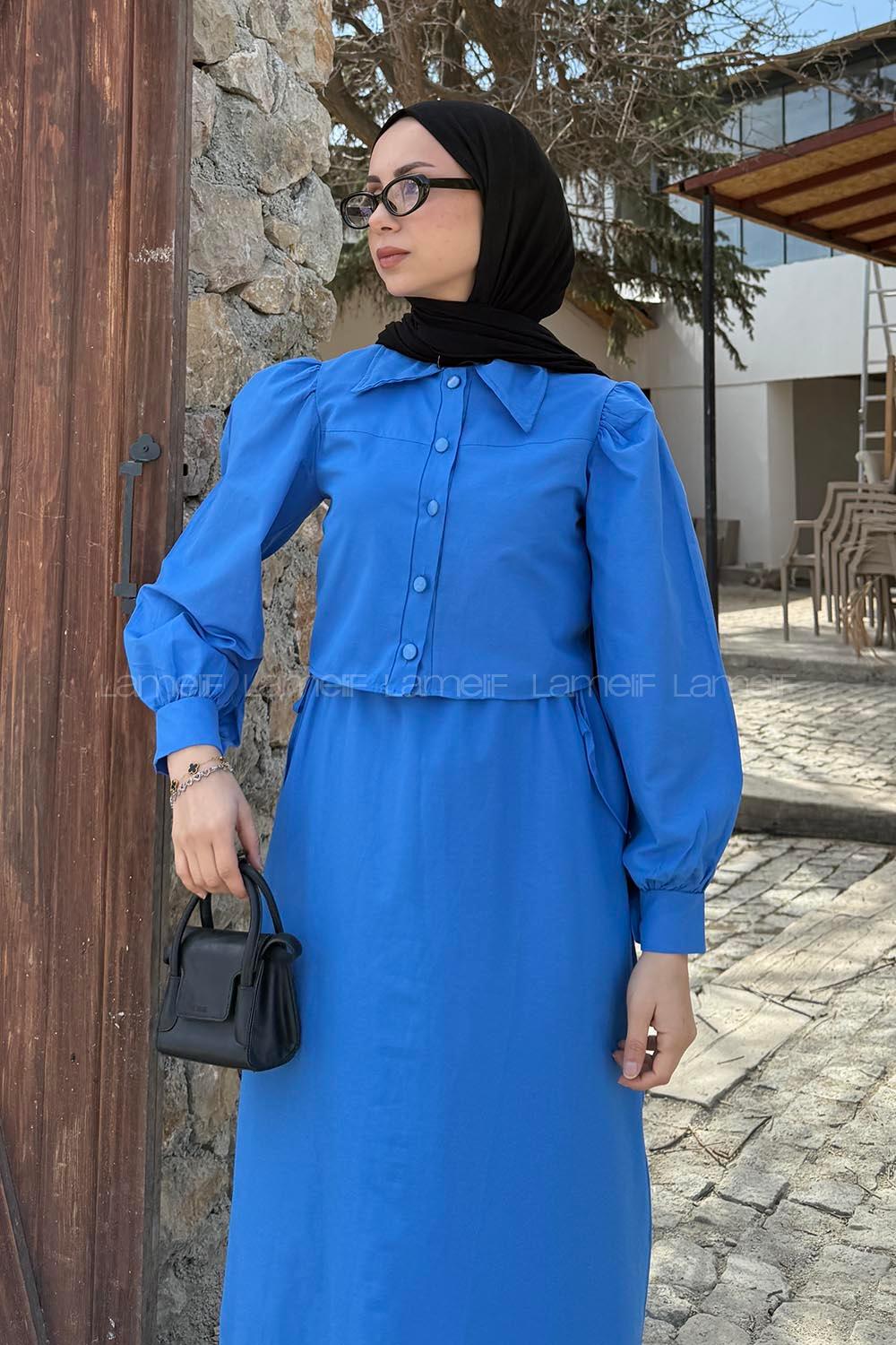 Lamelif Terikoton Tesettür İkili Takım Mavi