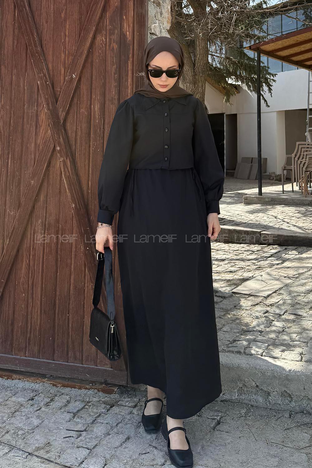 Lamelif Terikoton Tesettür İkili Takım Siyah