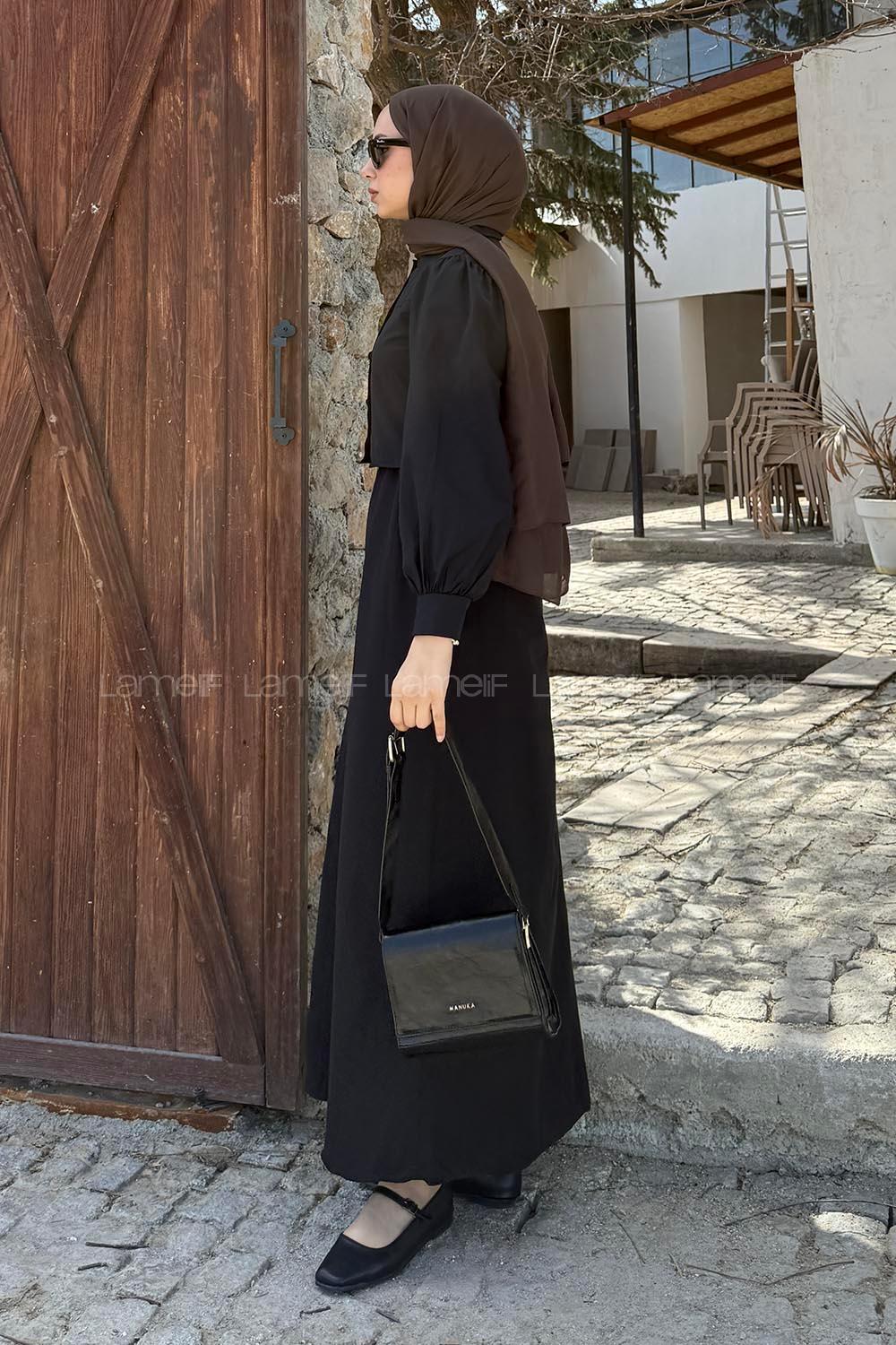 Lamelif Terikoton Tesettür İkili Takım Siyah