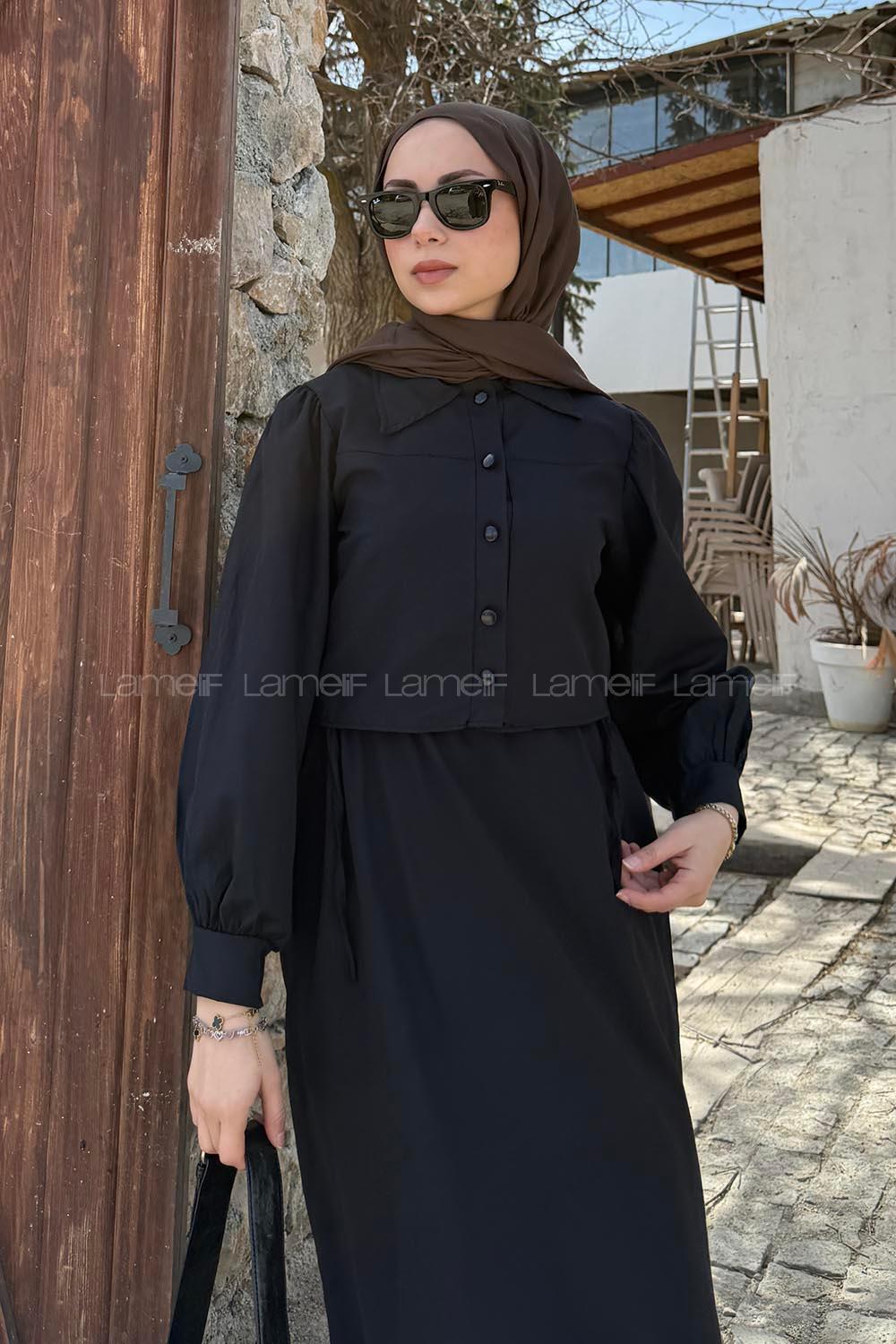 Lamelif Terikoton Tesettür İkili Takım Siyah