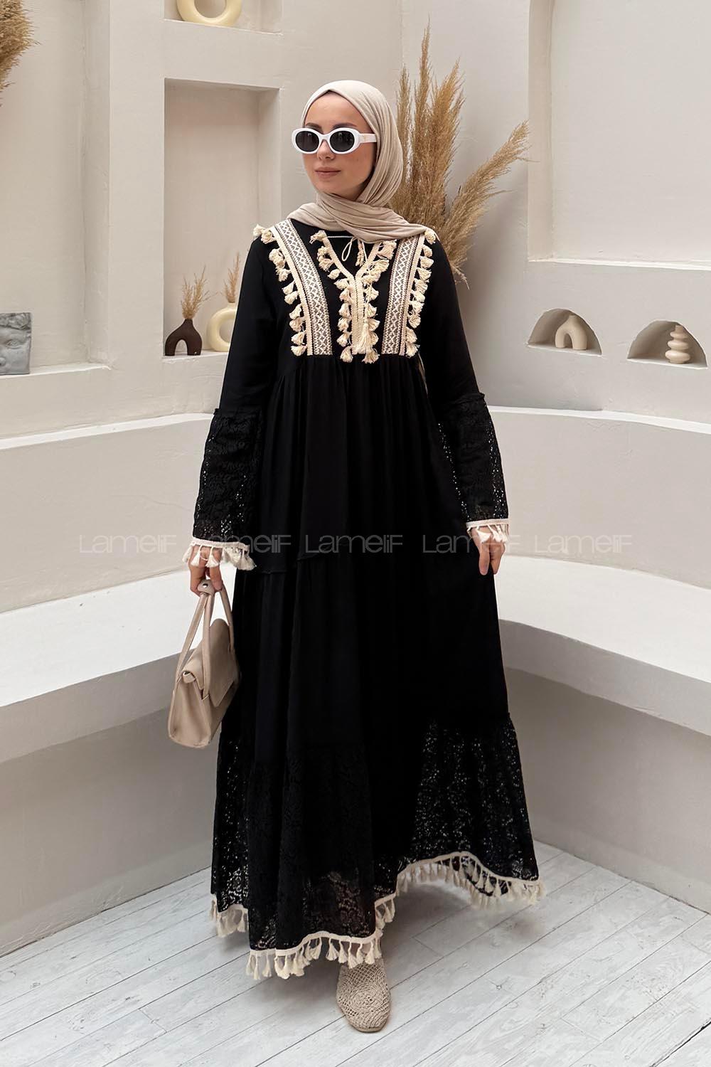 Lamelif Viskon Dantel Detaylı Garnili Elbise Siyah