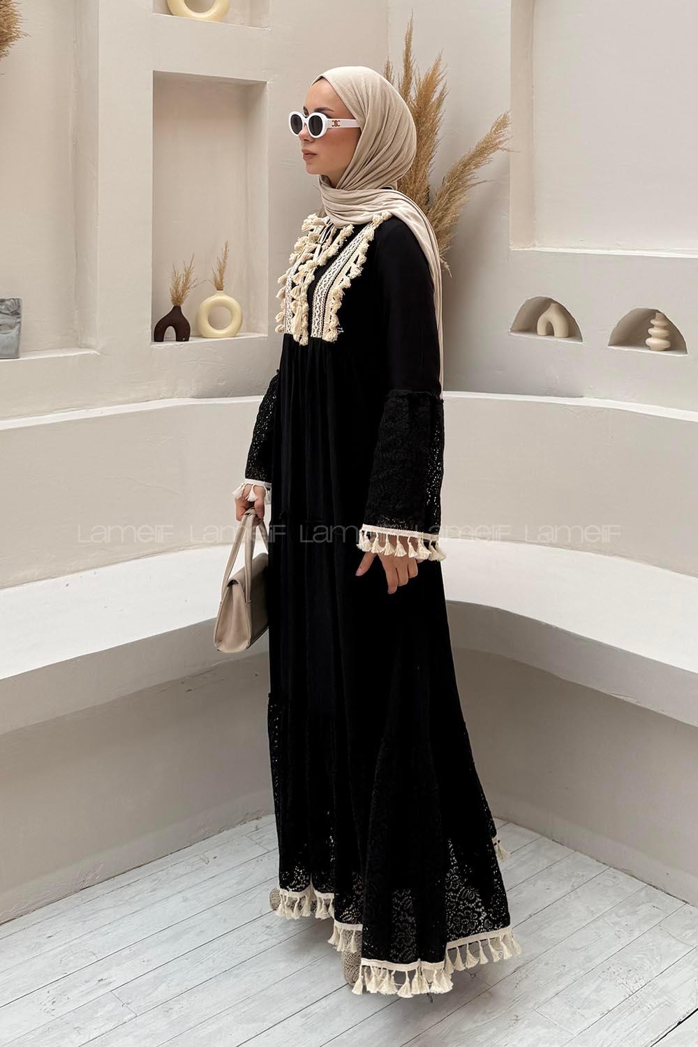 Lamelif Viskon Dantel Detaylı Garnili Elbise Siyah
