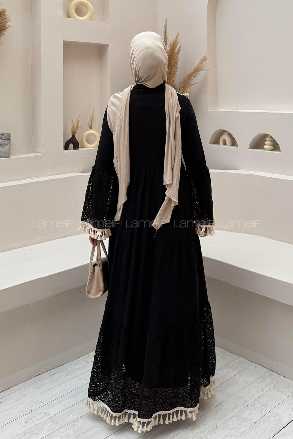 Lamelif Viskon Dantel Detaylı Garnili Elbise Siyah