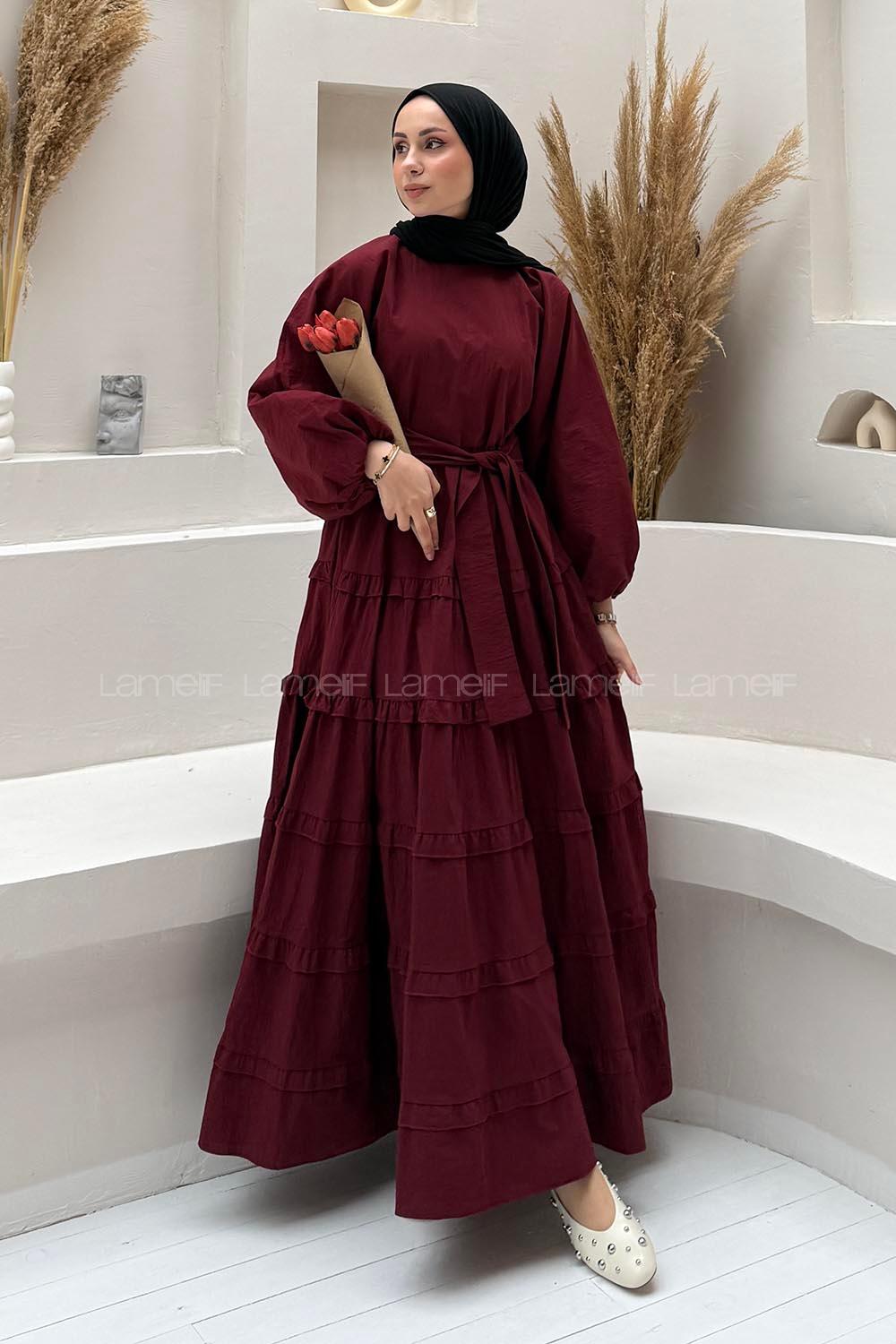 Lamelif Astarlı Kat Kat Tesettür Elbise Bordo