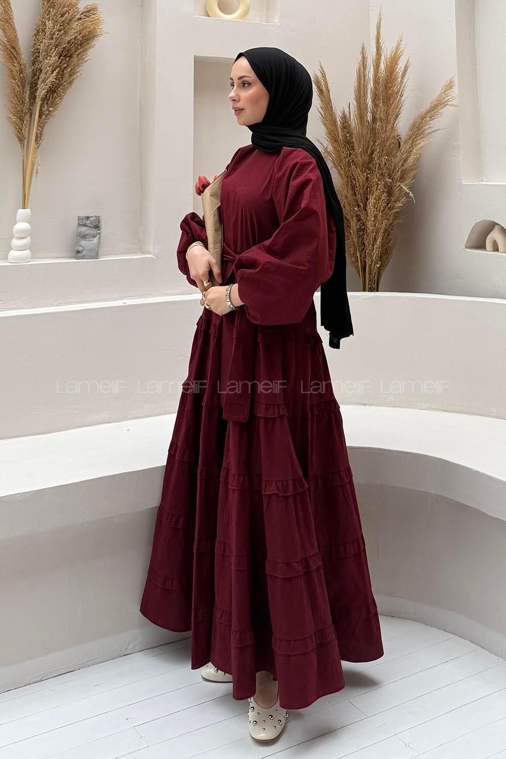 Lamelif Astarlı Kat Kat Tesettür Elbise Bordo