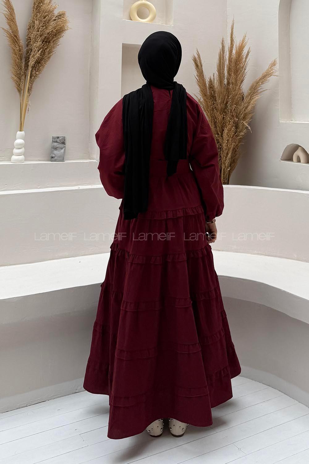 Lamelif Astarlı Kat Kat Tesettür Elbise Bordo