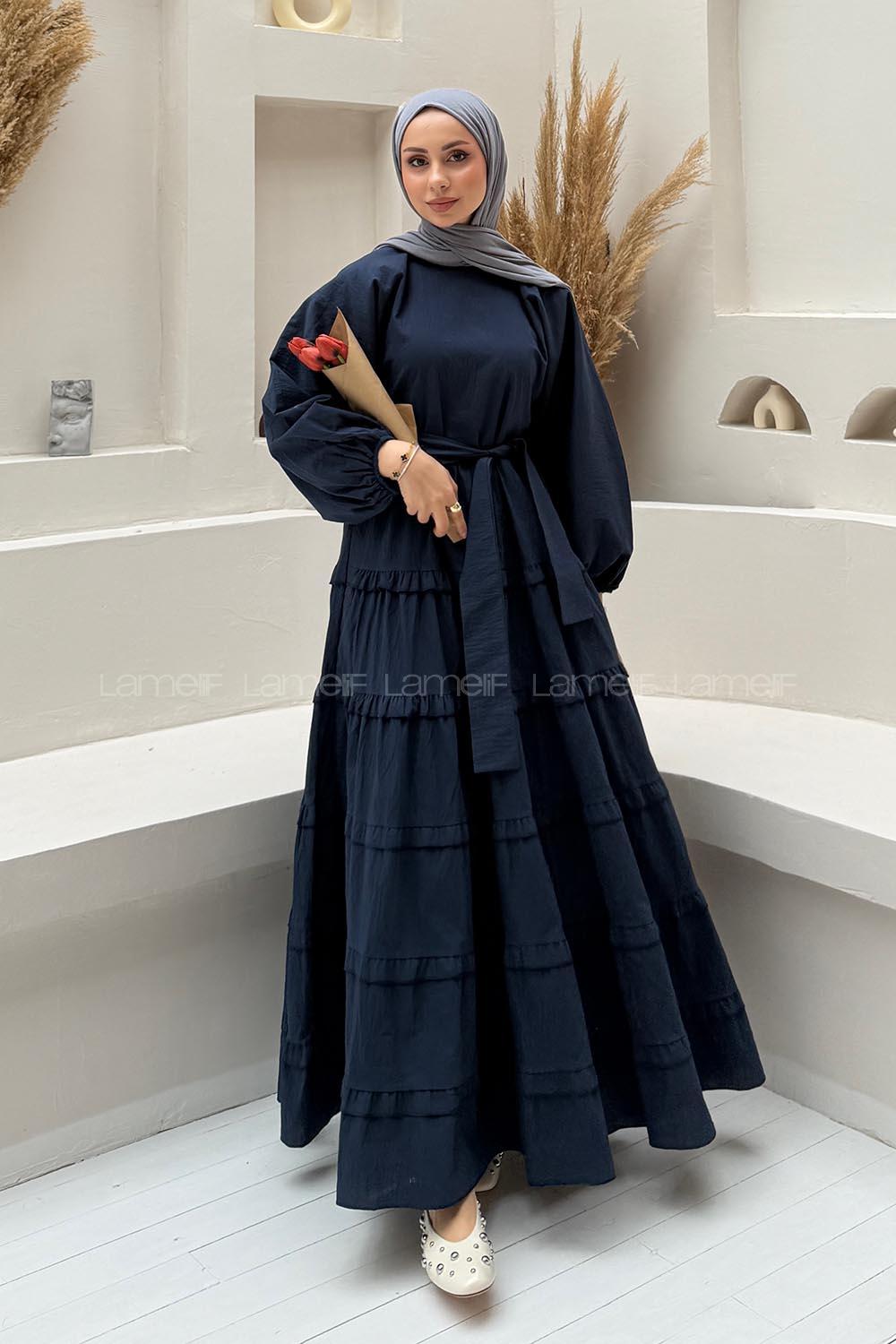 Lamelif Astarlı Kat Kat Tesettür Elbise Lacivert