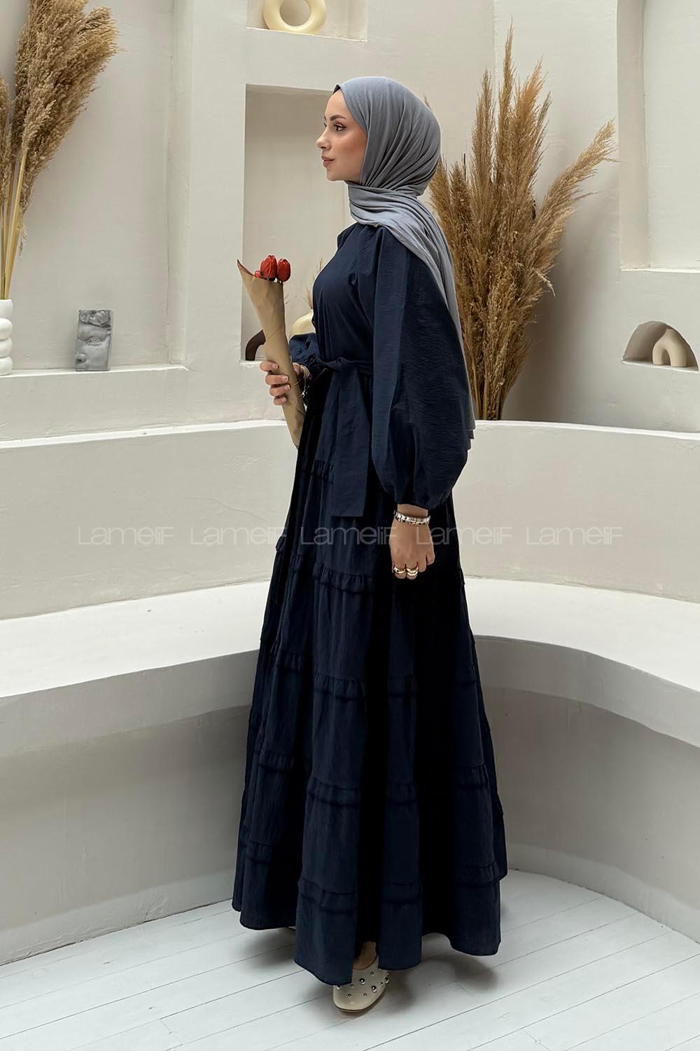 Lamelif Astarlı Kat Kat Tesettür Elbise Lacivert
